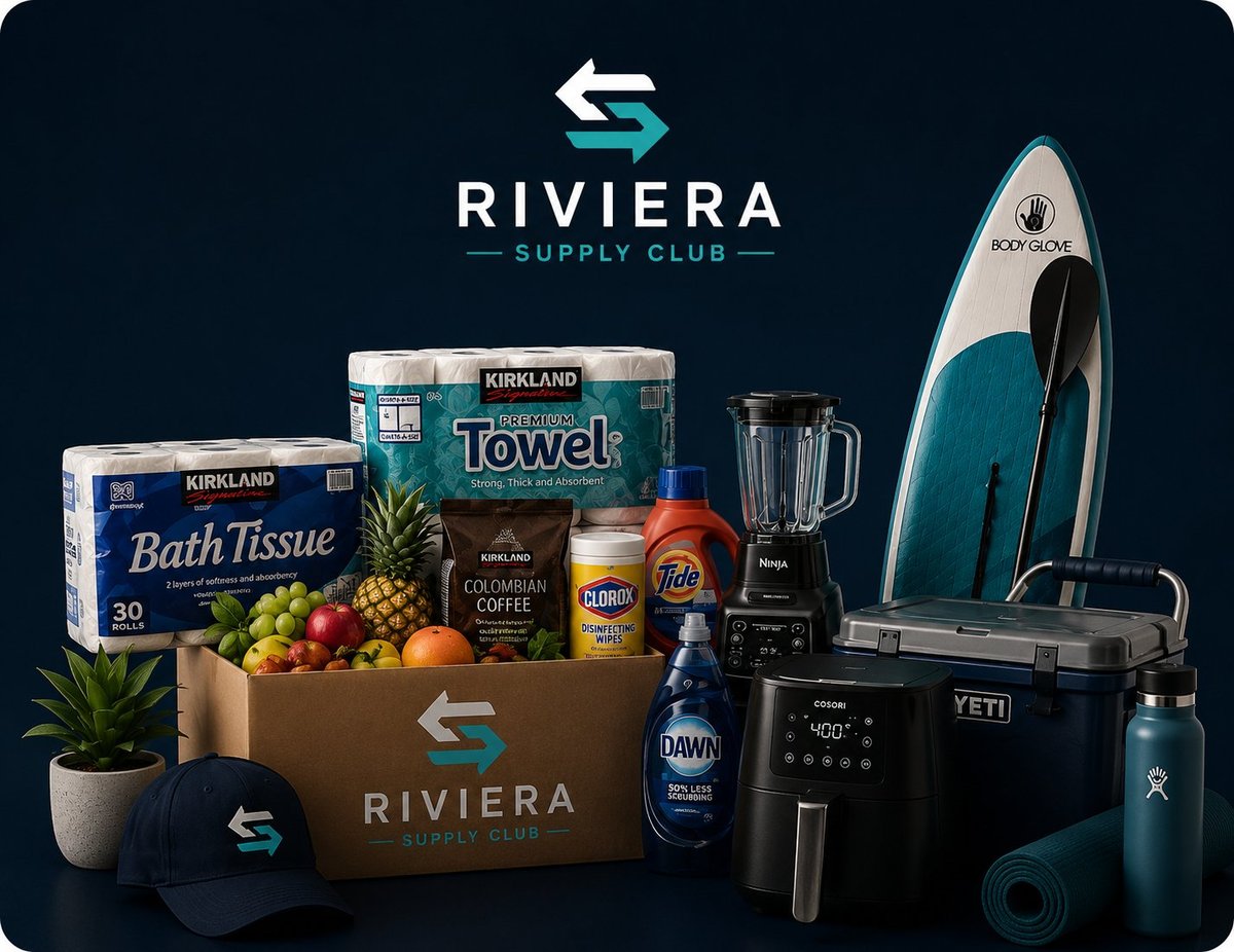 Riviera Supply Club products displayed including bath tissue, towels, kitchen items, beverages, blender, water bottle, and turquoise speedboat
